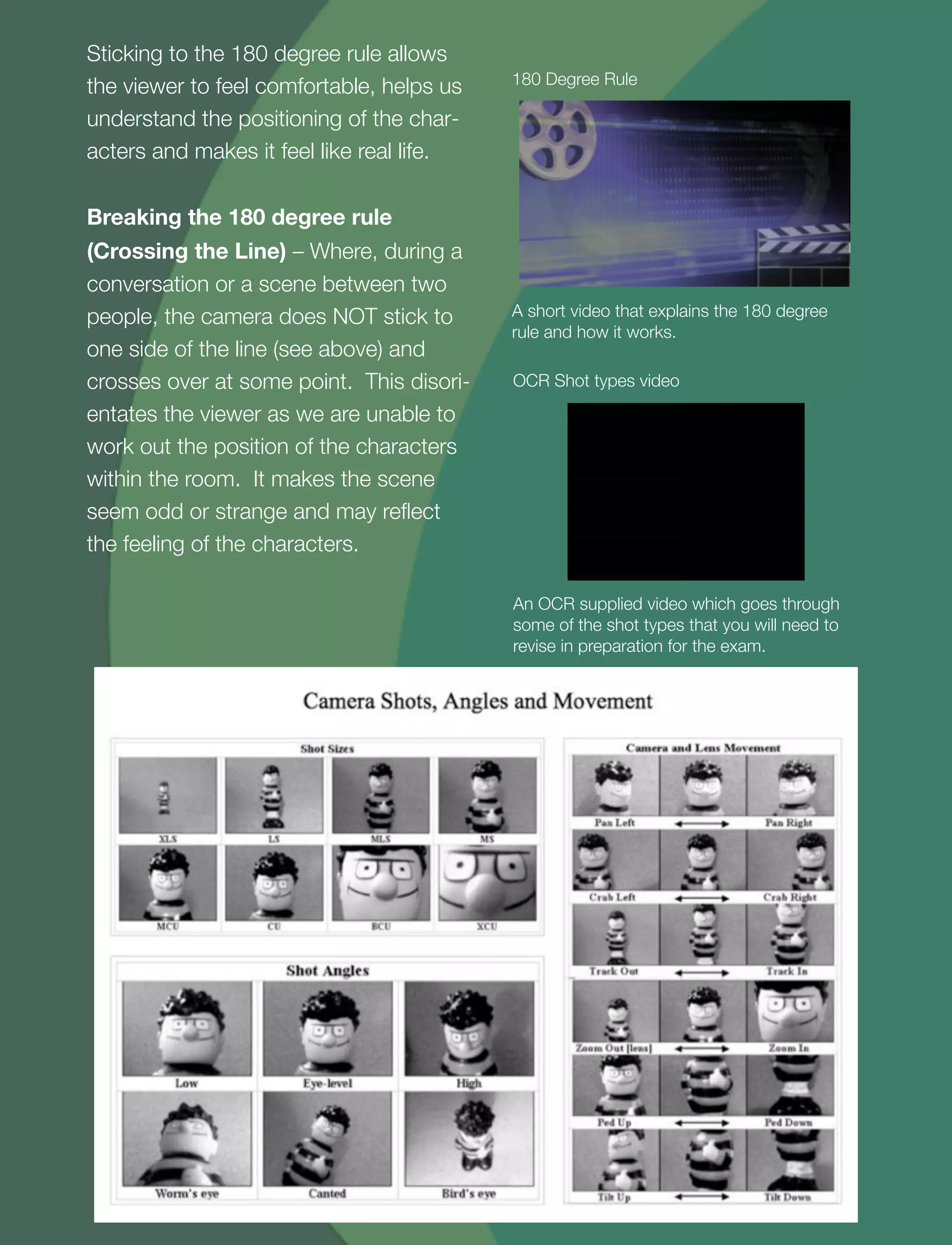 5
Sticking to the 180 degree rule allows
the viewer to feel comfortable, helps us
understand the positioning of the char-
acters and makes it feel like real life.
Breaking the 180 degree rule
(Crossing the Line) – Where, during a
conversation or a scene between two
people, the camera does NOT stick to
one side of the line (see above) and
crosses over at some point. This disori-
entates the viewer as we are unable to
work out the position of the characters
within the room. It makes the scene
seem odd or strange and may reﬂect
the feeling of the characters.
A short video that explains the 180 degree
rule and how it works.
180 Degree Rule
An OCR supplied video which goes through
some of the shot types that you will need to
revise in preparation for the exam.
OCR Shot types video
 