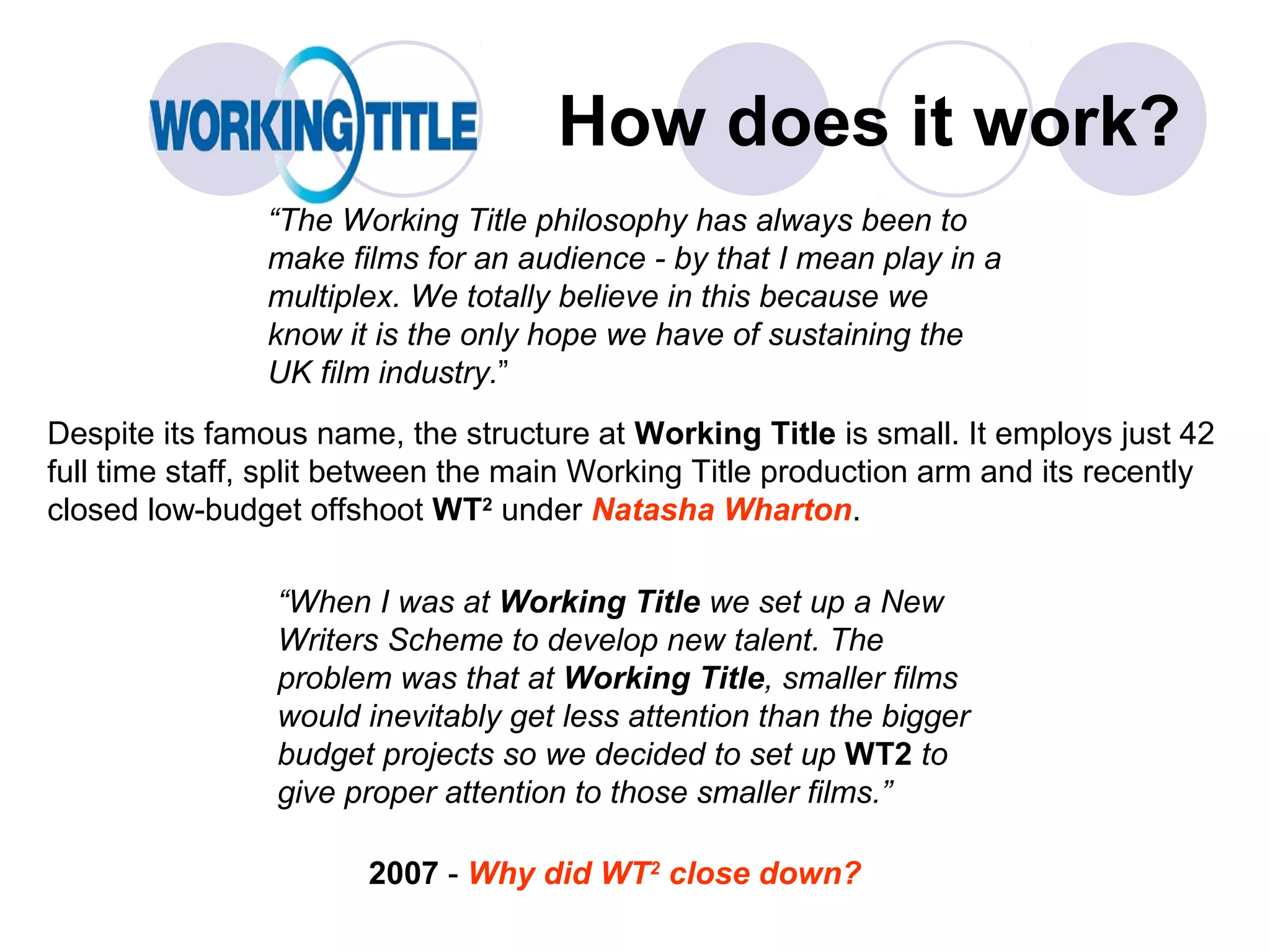 How does it work?
                “The Working Title philosophy has always been to
                make films for an audience - by that I mean play in a
                multiplex. We totally believe in this because we
                know it is the only hope we have of sustaining the
                UK film industry.”
Despite its famous name, the structure at Working Title is small. It employs just 42
full time staff, split between the main Working Title production arm and its recently
closed low-budget offshoot WT2 under Natasha Wharton.

                “When I was at Working Title we set up a New
                Writers Scheme to develop new talent. The
                problem was that at Working Title, smaller films
                would inevitably get less attention than the bigger
                budget projects so we decided to set up WT2 to
                give proper attention to those smaller films.”

                       2007 - Why did WT2 close down?
 