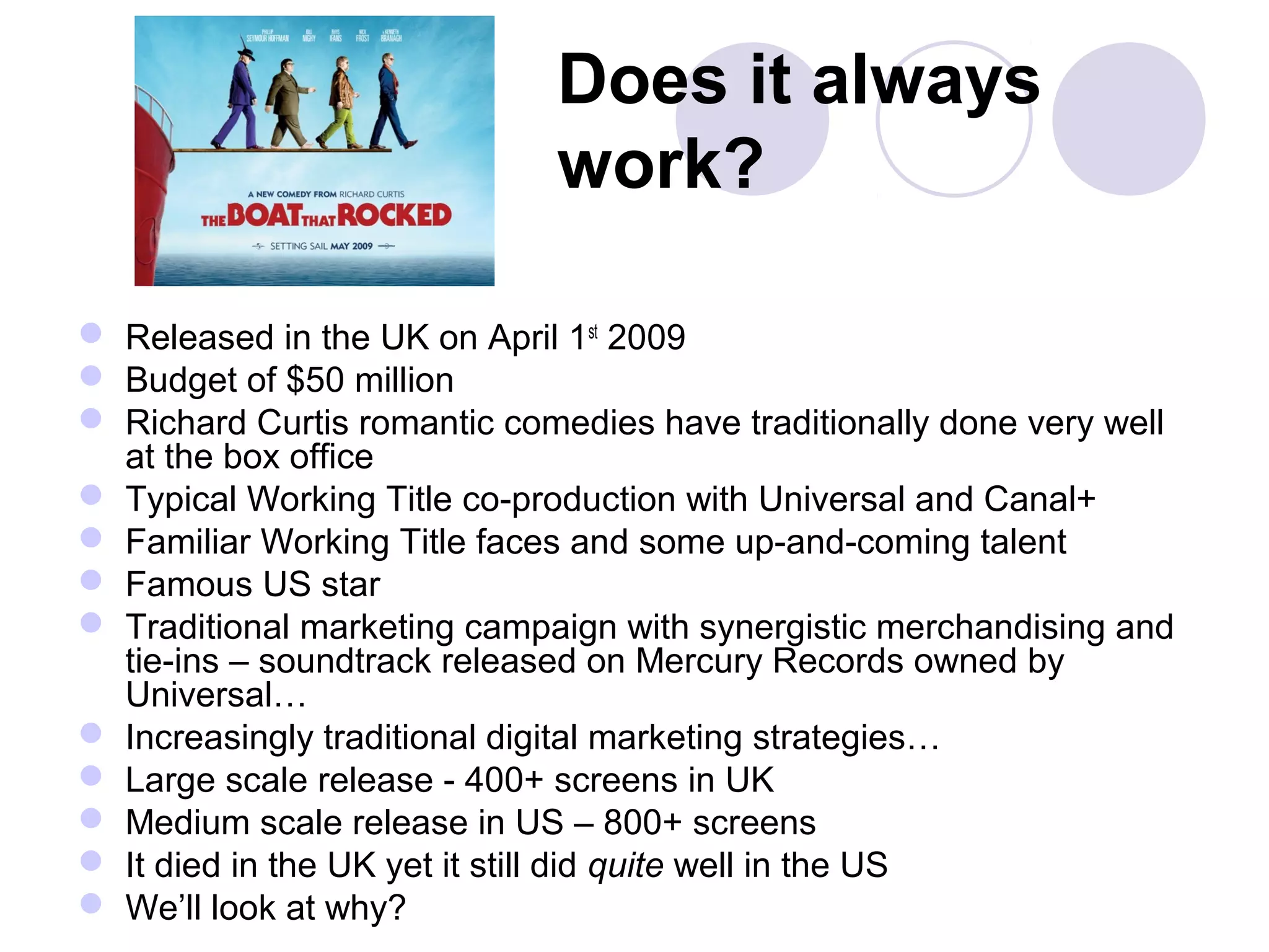 Does it always
                             work?

 Released in the UK on April 1st 2009
 Budget of $50 million
 Richard Curtis romantic comedies have traditionally done very well
  at the box office
 Typical Working Title co-production with Universal and Canal+
 Familiar Working Title faces and some up-and-coming talent
 Famous US star
 Traditional marketing campaign with synergistic merchandising and
  tie-ins – soundtrack released on Mercury Records owned by
  Universal…
 Increasingly traditional digital marketing strategies…
 Large scale release - 400+ screens in UK
 Medium scale release in US – 800+ screens
 It died in the UK yet it still did quite well in the US
 We’ll look at why?
 