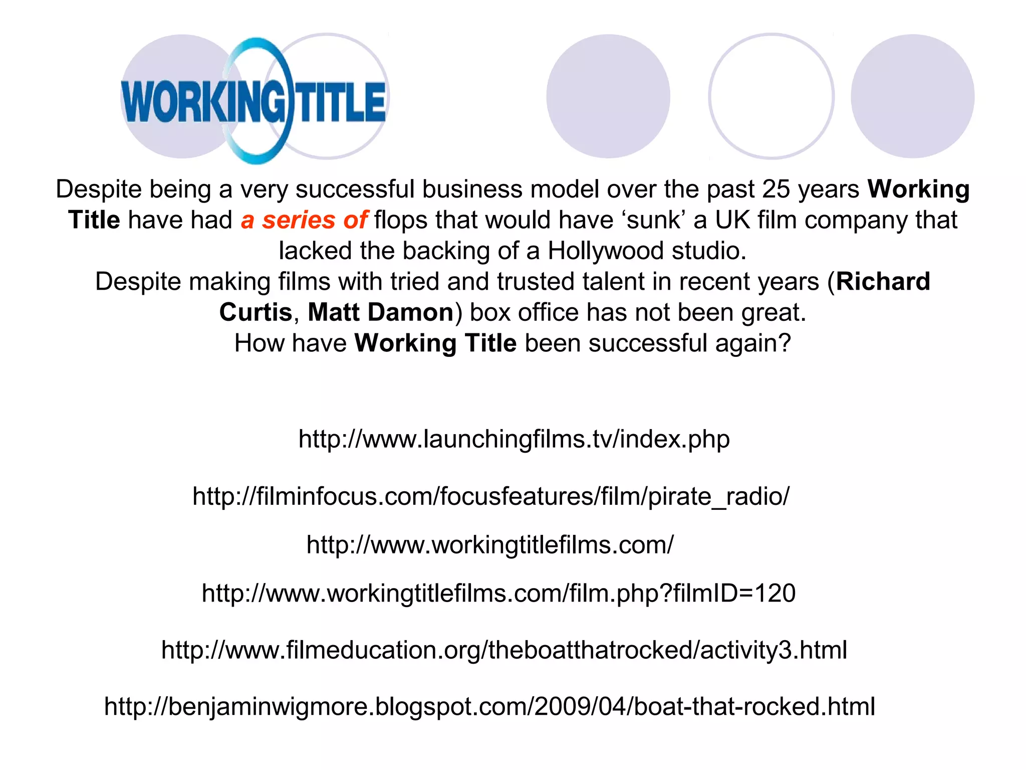 Despite being a very successful business model over the past 25 years Working
 Title have had a series of flops that would have ‘sunk’ a UK film company that
                   lacked the backing of a Hollywood studio.
    Despite making films with tried and trusted talent in recent years (Richard
              Curtis, Matt Damon) box office has not been great.
               How have Working Title been successful again?


                     http://www.launchingfilms.tv/index.php

           http://filminfocus.com/focusfeatures/film/pirate_radio/
                     http://www.workingtitlefilms.com/
            http://www.workingtitlefilms.com/film.php?filmID=120

         http://www.filmeducation.org/theboatthatrocked/activity3.html

    http://benjaminwigmore.blogspot.com/2009/04/boat-that-rocked.html
 