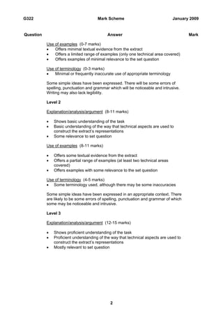 G322                                   Mark Scheme                                January 2009


Question                                    Answer                                       Mark

           Use of examples (0-7 marks)
           •   Offers minimal textual evidence from the extract
           •   Offers a limited range of examples (only one technical area covered)
           •   Offers examples of minimal relevance to the set question

           Use of terminology (0-3 marks)
           •   Minimal or frequently inaccurate use of appropriate terminology

           Some simple ideas have been expressed. There will be some errors of
           spelling, punctuation and grammar which will be noticeable and intrusive.
           Writing may also lack legibility.

           Level 2

           Explanation/analysis/argument (8-11 marks)

           •   Shows basic understanding of the task
           •   Basic understanding of the way that technical aspects are used to
               construct the extract’s representations
           •   Some relevance to set question

           Use of examples (8-11 marks)

           •   Offers some textual evidence from the extract
           •   Offers a partial range of examples (at least two technical areas
               covered)
           •   Offers examples with some relevance to the set question

           Use of terminology (4-5 marks)
           • Some terminology used, although there may be some inaccuracies

           Some simple ideas have been expressed in an appropriate context. There
           are likely to be some errors of spelling, punctuation and grammar of which
           some may be noticeable and intrusive.

           Level 3

           Explanation/analysis/argument (12-15 marks)

           •   Shows proficient understanding of the task
           •   Proficient understanding of the way that technical aspects are used to
               construct the extract’s representations
           •   Mostly relevant to set question




                                              2
 