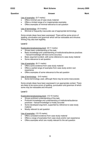 G322                                   Mark Scheme                               January 2009

Question                                    Answer                                      Mark

           Use of examples (0-7 marks)
           •   Offers minimal use of case study material
           •   Offers a limited range of or inappropriate examples
           •   Offers examples of minimal relevance to set question

           Use of terminology (0-3 marks)
           •   Minimal or frequently inaccurate use of appropriate terminology

           Some simple ideas have been expressed. There will be some errors of
           spelling, punctuation and grammar which will be noticeable and intrusive.
           Writing may also lack legibility.

           Level 2

           Explanation/analysis/argument (8-11 marks)
           •   Shows basic understanding of the task
           •   Basic knowledge and understanding of institutional/audience practices
               – factual knowledge will have some accuracy
           •   Basic argument evident, with some reference to case study material
           •   Some relevance to set question

           Use of examples (8-11 marks)
           •   Offers some evidence from case study material
           •   Offers a partial range of examples from case study and/or own
               experience
           •   Offers examples of some relevance to the set question

           Use of terminology (4-5 marks)
           •   Some terminology used, although there may be some inaccuracies

           Some simple ideas have been expressed in an appropriate context. There
           are likely to be some errors of spelling, punctuation and grammar of which
           some may be noticeable and intrusive.

           Level 3

           Explanation/analysis/argument (12-15 marks)
           •   Shows proficient understanding of the task
           •   Proficient knowledge and understanding of institutional/audience
               practices – factual knowledge is mostly accurate
           •   Some developed argument, supported by reference to case study
               material
           •   Mostly relevant to set question

           Use of examples (12-15 marks)
           •   Offers consistent evidence from case study material
           •   Offers a range of examples from case study and/or own experience
           •   Offers examples which are mostly relevant to the set question




                                             5
 