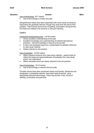 G322                                  Mark Scheme                              January 2009


Question                                    Answer                                     Mark
           Use of terminology (6-7 marks)
           •   Use of terminology is mostly accurate

           Straightforward ideas have been expressed with some clarity and fluency.
           Arguments are generally relevant, though may stray from the point of the
           question. There will be some errors of spelling, punctuation and grammar,
           but these are unlikely to be intrusive or obscure meaning.

           Level 4

           Explanation/analysis/argument (16-20 marks)
           •   Shows excellent understanding of the task
           •   Excellent knowledge and understanding of institutional/audience
               practices – factual knowledge is relevant and accurate
           •   A clear and developed argument, substantiated by detailed reference
               to case study material
           •   Clearly relevant to set question

           Use of examples (16-20 marks)
           •   Offers frequent evidence from case study material – award marks to
               reflect the range and appropriateness of examples from case study
               and/or own experience
           •   Offers examples which are clearly relevant to the set question

           Use of terminology (8-10 marks)
           •   Use of terminology is relevant and accurate

           Complex issues have been expressed clearly and fluently. Sentences and
           paragraphs, consistently relevant, have been well structured, using
           appropriate technical terminology. There may be few, if any, errors of
           spelling, punctuation and grammar.




                                             6
 