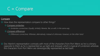 C = Compare
Compare
 How does the representation compare to other things?
 Compare similarities
 Similarities connectives: Equally, similarly, likewise, like, as with, in the same way,
 Compare differences
 Differences connectives: Whereas, alternatively, instead of, otherwise, however, on the other hand
 Doc Martin’s representation contrasts with most of the characters from Port Wenn as he is a binary
opposite to them as he is represented as up tight and stressed, which is typical of Londoners whereas
the characters from Port Wenn are stereotypically represented as laid back.
 