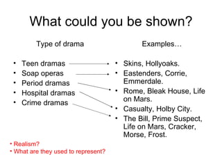 What could you be shown?
         Type of drama                      Examples…

 •   Teen dramas                     • Skins, Hollyoaks.
 •   Soap operas                     • Eastenders, Corrie,
 •   Period dramas                     Emmerdale.
 •   Hospital dramas                 • Rome, Bleak House, Life
 •                                     on Mars.
     Crime dramas
                                     • Casualty, Holby City.
                                     • The Bill, Prime Suspect,
                                       Life on Mars, Cracker,
                                       Morse, Frost.
• Realism?
• What are they used to represent?
 