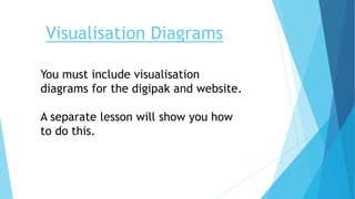 Visualisation Diagrams
You must include visualisation
diagrams for the digipak and website.
A separate lesson will show you how
to do this.
 