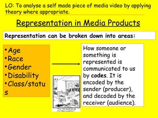 Representation in Media Products
Representation can be broken down into areas:

Age

Race

Gender

Disability

Class/statu
s
LO: To analyse a self made piece of media video by applying
theory where appropriate.
How someone or
something is
represented is
communicated to us
by codes. It is
encoded by the
sender (producer),
and decoded by the
receiver (audience).
 