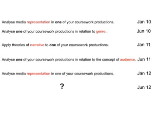 Analyse media representation in one of your coursework productions.                  Jan 10

Analyse one of your coursework productions in relation to genre.                     Jun 10

Apply theories of narrative to one of your coursework productions.                   Jan 11


Analyse one of your coursework productions in relation to the concept of audience.   Jun 11


Analyse media representation in one of your coursework productions.                  Jan 12


                                   ?                                                 Jun 12
 