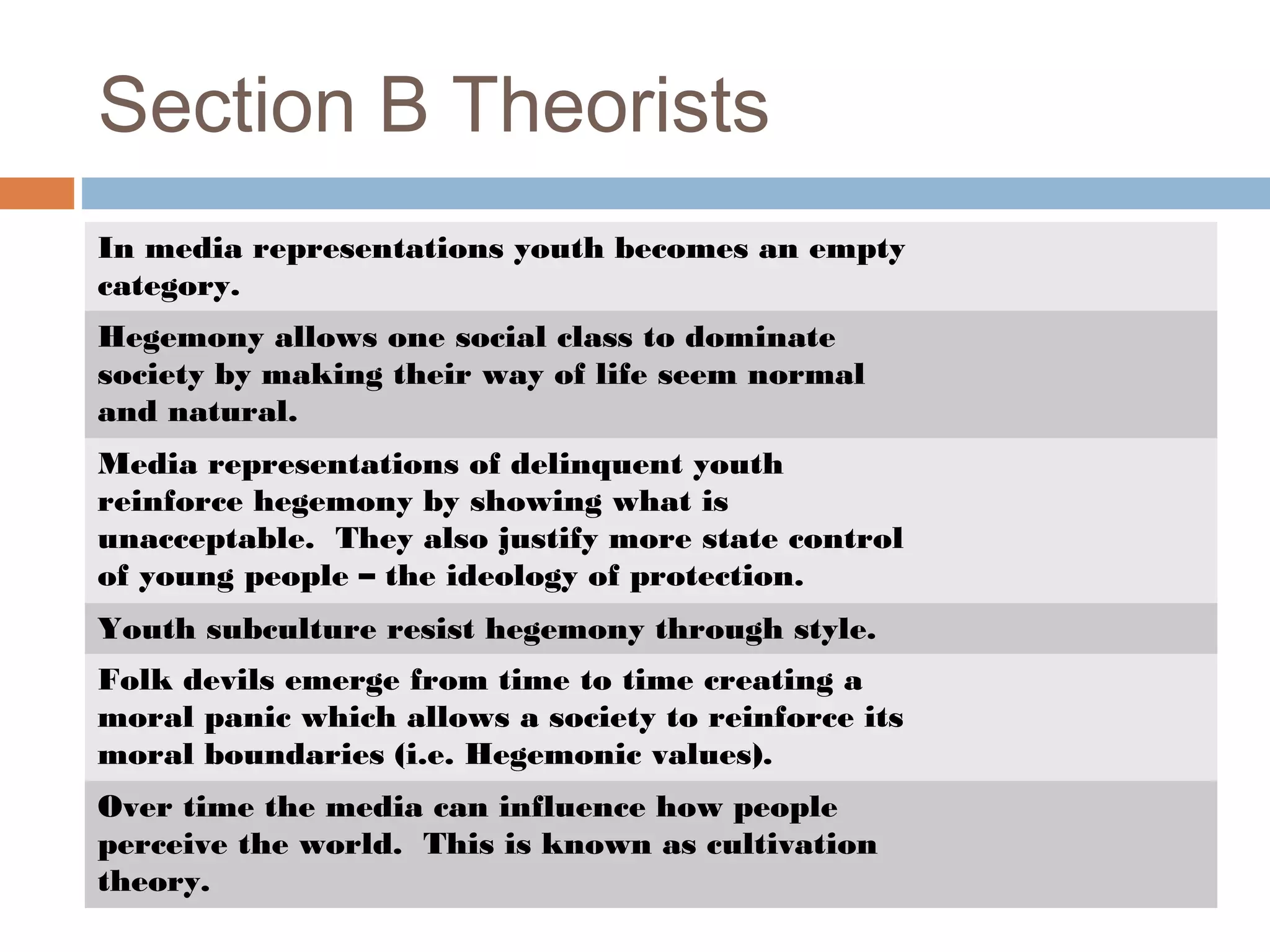 Section B Theorists
In media representations youth becomes an empty
category.
Hegemony allows one social class to dominate
society by making their way of life seem normal
and natural.
Media representations of delinquent youth
reinforce hegemony by showing what is
unacceptable. They also justify more state control
of young people – the ideology of protection.
Youth subculture resist hegemony through style.
Folk devils emerge from time to time creating a
moral panic which allows a society to reinforce its
moral boundaries (i.e. Hegemonic values).
Over time the media can influence how people
perceive the world. This is known as cultivation
theory.

 