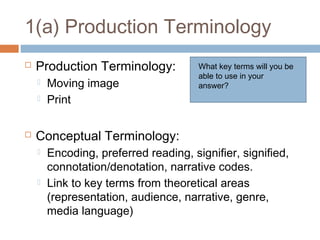 1(a) Production Terminology


Production Terminology:





Moving image
Print

What key terms will you be
able to use in your
answer?

Conceptual Terminology:




Encoding, preferred reading, signifier, signified,
connotation/denotation, narrative codes.
Link to key terms from theoretical areas
(representation, audience, narrative, genre,
media language)

 