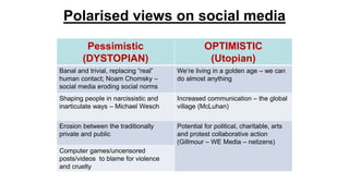 Polarised views on social media
Pessimistic
(DYSTOPIAN)
OPTIMISTIC
(Utopian)
Banal and trivial, replacing “real”
human con...
