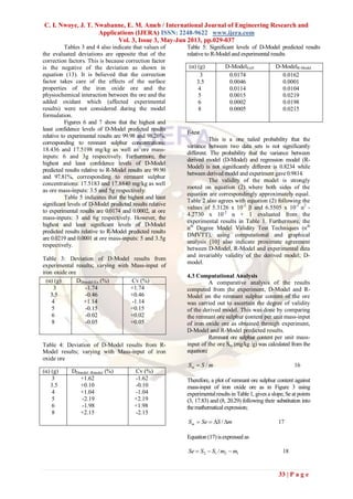 C. I. Nwoye, J. T. Nwabanne, E. M. Ameh / International Journal of Engineering Research and
Applications (IJERA) ISSN: 2248-9622 www.ijera.com
Vol. 3, Issue 3, May-Jun 2013, pp.029-037
33 | P a g e
Tables 3 and 4 also indicate that values of
the evaluated deviations are opposite that of the
correction factors. This is because correction factor
is the negative of the deviation as shown in
equation (13). It is believed that the correction
factor takes care of the effects of the surface
properties of the iron oxide ore and the
physiochemical interaction between the ore and the
added oxidant which (affected experimental
results) were not considered during the model
formulation.
Figures 6 and 7 show that the highest and
least confidence levels of D-Model predicted results
relative to experimental results are 99.98 and 98.26%,
corresponding to remnant sulphur concentrations:
18.436 and 17.5198 mg/kg as well as ore mass-
inputs: 6 and 3g respectively. Furthermore, the
highest and least confidence levels of D-Model
predicted results relative to R-Model results are 99.90
and 97.81%, corresponding to remnant sulphur
concentrations: 17.5183 and 17.8840 mg/kg as well
as ore mass-inputs: 3.5 and 5g respectively.
Table 5 indicates that the highest and least
significant levels of D-Model predicted results relative
to experimental results are 0.0174 and 0.0002, at ore
mass-inputs: 3 and 6g respectively. However, the
highest and least significant levels of D-Model
predicted results relative to R-Model predicted results
are 0.0219 and 0.0001 at ore mass-inputs: 5 and 3.5g
respectively.
Table 3: Deviation of D-Model results from
experimental results; varying with Mass-input of
iron oxide ore
Table 4: Deviation of D-Model results from R-
Model results; varying with Mass-input of iron
oxide ore
Table 5: Significant levels of D-Model predicted results
relative to R-Model and experimental results
F-test
This is a one tailed probability that the
variance between two data sets is not significantly
different. The probability that the variance between
derived model (D-Model) and regression model (R-
Model) is not significantly different is 0.8234 while
between derived model and experiment gave 0.9814.
The validity of the model is strongly
rooted on equation (2) where both sides of the
equation are correspondingly approximately equal.
Table 2 also agrees with equation (2) following the
values of 5.3126 x 10-2
β and 6.5505 x 10-3
α2
-
4.2730 x 10-2
α + 1 evaluated from the
experimental results in Table 1. Furthermore, the
nth
Degree Model Validity Test Techniques (nth
DMVTT), using computational and graphical
analysis [10] also indicate proximate agreement
between D-Model, R-Model and experimental data
and invariably validity of the derived model; D-
model.
4.3 Computational Analysis
A comparative analysis of the results
computed from the experiment, D-Model and R-
Model on the remnant sulphur content of the ore
was carried out to ascertain the degree of validity
of the derived model. This was done by comparing
the remnant ore sulphur content per unit mass-input
of iron oxide ore as obtained through experiment,
D-Model and R-Model predicted results.
Remnant ore sulphur content per unit mass-
input of the ore Sm (mg/kg /g) was calculated from the
equation:
mSSm / 16
Therefore, a plot of remnant ore sulphur content against
mass-input of iron oxide ore as in Figure 3 using
experimentalresults in Table 1, gives a slope, Se at points
(3, 17.83) and (8, 20.29) following their substitution into
themathematicalexpression;
mSSeSm  / 17
Equation (17)isexpressed as
1212 / mmSSSe  18
(α) (g) DDmodel-Ex (%) Cv (%)
3
3.5
4
5
6
8
-1.74
-0.46
+1.14
-0.15
-0.02
-0.05
+1.74
+0.46
-1.14
+0.15
+0.02
+0.05
(α) (g) DDmodel -Rmodel (%) Cv (%)
3
3.5
4
5
6
8
+1.62
+0.10
+1.04
-2.19
-1.98
+2.15
-1.62
-0.10
-1.04
+2.19
+1.98
-2.15
(α) (g) D-ModelExD D-ModelR-Model
3
3.5
4
5
6
8
0.0174
0.0046
0.0114
0.0015
0.0002
0.0005
0.0162
0.0001
0.0104
0.0219
0.0198
0.0215
 