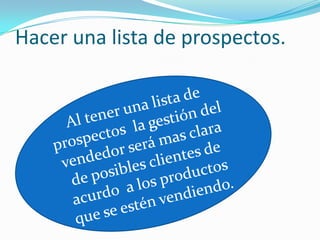 Hacer una lista de prospectos.Al tener una lista de prospectos  la gestión del vendedor será mas clara de posibles clientes de acurdo  a los productos que se estén vendiendo.