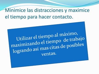Minimice las distracciones y maximice el tiempo para hacer contacto.Utilizar el tiempo al máximo, maximizando el tiempo  de trabajo logrando así mas citas de posibles ventas.