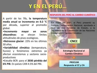 A partir de los 70s, la temperatura
media anual se incrementa en 0.2 °C
por década, superior al promedio
global.
•Incremento mayor en zonas
altoandinas: se elevan límites
altitudinales de pisos ecológicos.
•Retroceso glaciar: 22% en los últimos
30 años.
•Variabilidad climática (temperatura,
lluvias) y fenómenos extremos ya
afectan ecosistemas y sectores socio-
productivos
•Estudio BCR: para el 2030 pérdida del
6% PIB. En países CAN 4.5% del PBI.
RESPUESTA DEL PERÚ AL CAMBIO CLIMÁTICO
En mayo del 2001, el Perú presentó su
Primera Comunicación Nacional, aprobada a
nivel de vice ministros de Estado, a la
Secretaria de la Convención de las Naciones
Unidad sobre Cambio Climático:
CNCC
Estrategia Nacional al
Cambio Climático
PROCLIM
Respuesta al CC y CA
 