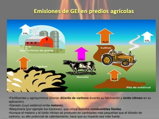 Cultivo
Operaciones de granja
CO2
CO2N2O
N2O
N2O
Cosechas
Ganado
Pila de estiércol
CH2
•Fertilizantes y agroquímicos (liberan dióxido de carbono durante su fabricación y óxido nitroso en su
aplicación).
•Ganado (cuyo estiércol emite metano).
•Maquinaria (por ejemplo los tractores), que utiliza distintos combustibles fósiles.
•Aunque el metano y el óxido nitroso se producen en cantidades más pequeñas que el dióxido de
carbono, su alto potencial de calentamiento, hace que su impacto sea más fuerte.
 