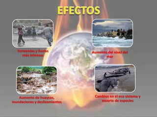 Tormentas y lluvias
más intensas
Aumento del nivel del
mar
Cambios en el eco sistema y
muerte de especies
Aumento de huaycos,
inundaciones y deslizamientos
 