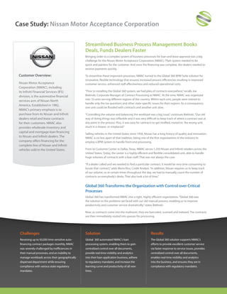 Case Study: Nissan Motor Acceptance Corporation

                                                Streamlined Business Process Management Books
                                                Deals, Funds Dealers Faster
                                                Bringing order to a complex system of business processes for loan and lease approval was a big
                                                challenge for the Nissan Motor Acceptance Corporation (NMAC). Their system needed to be
                                                quick and painless for the customer. And once the financing was complete, the dealers needed to
                                                receive payments quickly.

 Customer Overview:                             To streamline these important processes, NMAC turned to the Global 360 BPM Suite solution for
                                                innovative, flexible technology that ensures increased process efficiencies resulting in improved
 Nissan Motor Acceptance                        customer service, enhanced staff effectiveness and reduced operational costs.
 Corporation (NMAC), including
 its Infiniti Financial Services (IFS)          “Prior to installing the Global 360 system, we had piles of contracts everywhere,” recalls Joe
 division, is the automotive financial          Bielinski, Corporate Manager of Contract Processing at NMAC. At the time, NMAC was organized
                                                into 10 units serving different regions of the country. Within each unit, people were trained to
 services arm of Nissan North
                                                handle only the tax questions and other state-specific issues for their regions. As a consequence,
 America. Established in 1982,
                                                one unit could be flooded with contracts and another unit slow.
 NMAC’s primary emphasis is to
 purchase from its Nissan and Infiniti          “Controlling the volume and balancing the workload was a big issue,” continues Bielinski. “Our old
 dealers retail and lease contracts             way of doing things was inflexible and it was very difficult to keep track of where a contract was at
 for their customers. NMAC also                 any point in the process. Plus, it was easy for contracts to get misfiled, routed to the wrong unit,
 provides wholesale inventory and               stuck in a drawer, or misplaced.”
 capital and mortgage loan financing
                                                Selling vehicles in the United States since 1958, Nissan has a long history of quality and innovation.
 to Nissan and Infiniti dealers. The            NMAC is no less apart of that tradition, being one of the first organizations in the industry to
 company offers financing for the               employ a BPM system to handle front-end processing.
 complete line of Nissan and Infiniti
 vehicles sold in the United States.            From its Customer Center in Dallas, Texas, NMAC serves 1,250 Nissan and Infiniti retailers across the
                                                United States. Today, the center is a highly efficient and flexible consolidated unit, able to handle
                                                huge volumes of contracts with a lean staff. That was not always the case.

                                                “If a dealer called and we needed to find a particular contract, it would be very time consuming to
                                                locate that contract,” adds Maria Rios, Credit Analyst. “In addition, Nissan requires us to keep track
                                                of our volume, so at certain times throughout the day, we had to manually count the number of
                                                contracts on everybody’s desks. That also took a lot of time.”


                                                Global 360 Transforms the Organization with Control over Critical
                                                Processes
                                                Global 360 has transformed NMAC into a tight, highly efficient organization. “Global 360 was
                                                the solution to the problems we faced with our old manual process, enabling us to improve
                                                productivity and customer service dramatically,” states Bielinski.

                                                Now, as contracts come into the mailroom, they are barcoded, scanned and indexed. The contracts
                                                are then immediately routed into queues for processing.




 Challenges                                     Solution                                               Results
 Receiving up to 50,000 time-sensitive auto-    Global 360 automated NMAC’s loan                       The Global 360 solution supports NMAC’s
 financing contract packages monthly, NMAC      processing system, enabling them to gain               efforts to provide excellent customer service
 was severely challenged by inefficiencies in   centralized control over all documents,                via faster response to service issues, provides
 their manual processes, and an inability to    provide real-time visibility and analytics             centralized control over all documents,
 manage workloads across their geographically   into their loan application business, adhere           enables real-time visibility and analytics
 dispersed department while ensuring            to regulatory mandates, and increase the               into the business, and ensures they are in
 compliance with various state regulatory       learning curve and productivity of all new             compliance with regulatory mandates.
 mandates.                                      hires.
 