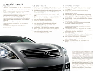 1. Mechanical
■	 2.5-liter V6 engine with 218-hp and 187 lb-ft of torque (G25)
■	 3.7-liter V6 VVEL engine with 328-hp and 269 lb-ft of torque
(G37)
■	 Continuously Variable Valve Timing Control System (CVTCS)
optimizes opening of intake and exhaust valves
■	 Electronically controlled 7-speed automatic transmission with
manual shift mode and Downshift Rev Matching
■	 Rear-wheel drive or Intelligent All-Wheel Drive
■	 4-wheel ventilated disc brakes with Anti-lock Braking System
(ABS), Electronic Brake force Distribution (EBD) and Brake
Assist (BA)
■	 Vehicle-speed-sensitive power steering
■	 Independent double-wishbone front and multi-link rear
suspension
■	 17-inch aluminum-alloy wheels V-rated all-season
performance tires
2. Safety and Security
■	 Vehicle Dynamic Control (VDC)1
with Traction Control System
(TCS)
■	 Infiniti Advanced Air Bag System (AABS) includes dual-stage
front supplemental air bags with seat belt and occupant-
classification sensors2
■	 Driver and front-passenger side-impact supplemental air
bags2
■	 Roof-mounted curtain side-impact supplemental air bags for
front and rear-seat outboard occupant head protection2
■	 Front-seat Active Head Restraints (AHR)
■	 3-point seat belts in all seating positions
■	 Front seat belts with pretensioners and load limiters
■	 Zone Body construction with reinforced passenger
compartment and front and rear crumple zones
■	 Emergency inside trunk release
■	 LATCH System (Lower Anchors and Tethers for CHildren)
■	 Remote keyless entry with selective unlocking of driver’s
door or all doors
■	 Tire Pressure Monitoring System (TPMS)
■	 4-wheel Anti-lock Braking System
3. Comfort and Convenience
■	 High Intesity Discharge (HID) bi-functional xenon headlights
■	 Front fog lights
■	 Speed-sensing flat-blade variable intermittent front
windshield wipers
■	 Dual power outside mirrors
■	 Infiniti Intelligent Key with Illuminated Push Button Ignition
■	 Leather-appointed, 8-way power driver’s seat with adjustable
lumbar support and 4-way power front-passenger’s seat
■	 Leather-wrapped 3-spoke steering wheel and shift knob with
aluminum accent
■	 Shodo aluminum interior trim
■	 Tilt and telescopic steering column synchronizes gauge
cluster with column for improved vision
■	 Infiniti Controller with 7-inch WVGA color display for audio,
climate-control, fuel economy, maintenance, and comfort
and convenience features
■	 Automatic Temperature Control (ATC) system with microfilter
■	 6-speaker audio system with AM/FM/CD with MP3 playback
capability and Radio Data System (RDS)
■	 XM®
Satellite Radio3
■	 Power windows with illuminated switches and front windows
with one-touch auto-up/down and auto-reverse feature
■	 Power door locks with automatic locking feature
■	 Front center console with armrest and storage compartment
with 12-volt power outlet
■	 Fold-down rear-center armrest with locking trunk pass-
through
STANDARD FEATURESp.02
1
VDC, which should remain on when driving exceptwhen freeing
the vehicle from mud or snow, cannot prevent accidents due to
abrupt steering, carelessness, or dangerous driving techniques.
Always drive safely. 2
Air bags are only a supplemental restraint
system; always wear your seat belt. Even with the occupant-
classification sensor, rear-facing child restraints should not be
placed in the front-passenger’s seat. Also, all children 12 and
under should ride in the rear seat properly secured in child
restraints, booster seats, or seat belts according to their size.
Air bags will only inflate in certain accidents; see your owner’s
manual for more details. 3
Required XM Radio, XM NavTraffic
and XM NavWeather subscriptions sold separately. Installation
costs, one-time activation fee, other fees and taxes will apply.
XM NavTraffic available in select markets. XM Radio U.S. service
and XM NavWeather service available only to those at least 18
years of age in the 48 contiguous United States and D.C. Fees
and programming subject to change. Subscriptions governed
by XM Customer Agreement available at xmradio.com. ©2010
SIRIUS XM Radio Inc. SIRIUS, XM and all related marks and logos
are trademarks of SIRIUS XM Radio Inc. and its subsidiaries.
 