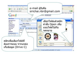 e-mail ผูรับคือ
                                 ้
                        sirichai.nbr@gmail.com


                                 เลือกไฟล์แล้วคลิก
                                 คำาสั่ง Open เพื่อ
                                 แนบไฟล์ไปกับ
                                 จดหมาย



คลิกเพื่อเลือกไฟล์ที่
ต้องการแนบ จากแหล่ง
เก็บข้อมูล (Drive C)
 