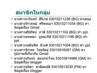 สมาชิกในกลุ่ม
   นางสาวนารินทร์ ศิริเวช 53010211238 (BG) นำาเสนอ
   นางสาวจิราภรณ์ ศรีพรมมา 53010211034 (BG) หา
    ข้อมูลเรือง Gmail
             ่
   นางสาวสุรย์รัตน์ ภาษี 53010211102 (BG) ทำา ppt.
                   ี
   นางสาวพรพณา บูรณะกิติ 53010211198 (BG) ทำา
    ppt.
   นางสาวเพลินพิศ มีวงศ์ 53010211004 (BG) ทำา ppt.
   นางสาวจิราพร ไชยรัตน์ 53010916087 (GM) หา
    รูปภาพที่เกี่ยวกับ Gmail
   นางสาวนรินทร สอนกระโจม 53010914966 (GM) หา
    ข้อมูลเรือง blogger
               ่
   นางสาวชนิดา ชาลีสมบัติ 53010913035 (FM) หา
    ข้อมูลเรือง blogger
                 ่
 