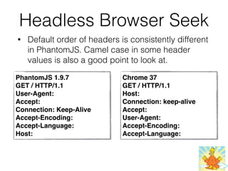 Headless Browser Seek
• Default order of headers is consistently different
in PhantomJS. Camel case in some header
values is also a good point to look at.
PhantomJS 1.9.7
GET / HTTP/1.1
User-Agent:
Accept:
Connection: Keep-Alive
Accept-Encoding:
Accept-Language:
Host:
Chrome 37
GET / HTTP/1.1
Host:
Connection: keep-alive
Accept:
User-Agent:
Accept-Encoding:
Accept-Language:
 