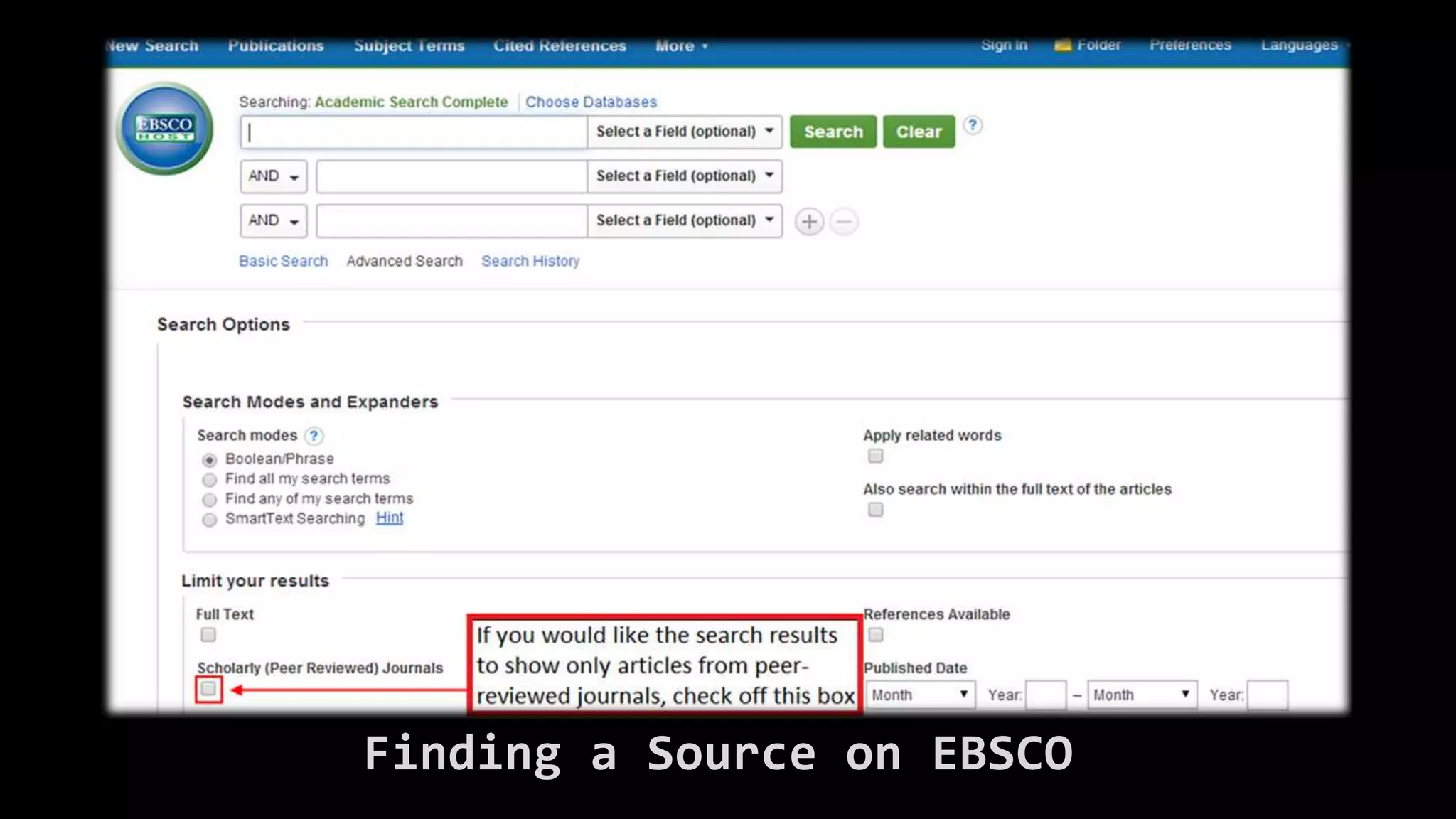 Finding a Source on EBSCO
 