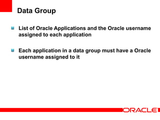 Data Group

List of Oracle Applications and the Oracle username
assigned to each application

Each application in a data group must have a Oracle
username assigned to it
 