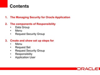 Contents

1. The Managing Security for Oracle Application

2. The components of Responsibility
   • Data Group
   • Menu
   • Request Security Group

3. Create and show set up steps for
   • Menu
   • Request Set
   • Request Security Group
   • Responsibility
   • Application User
 
