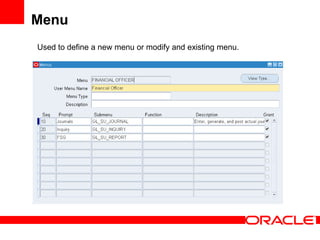Menu
Used to define a new menu or modify and existing menu.
 