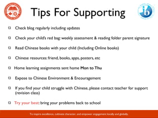 Tips For Supporting
Developing Responsible Global Citizens and Leaders through Academic Excellence.
Check blog regularly including updates
Check your child’s red bag: weekly assessment & reading folder parent signature
Read Chinese books with your child (Including Online books)
Chinese resources: friend, books, apps, posters, etc
Home learning assignments sent home Mon to Thu
Expose to Chinese Environment & Encouragement
If you ﬁnd your child struggle with Chinese, please contact teacher for support
(revision class)
Try your best: bring your problems back to school
To inspire excellence, cultivate character, and empower engagement locally and globally.
 