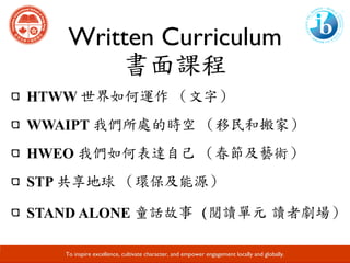 Written Curriculum
書面課程
Developing Responsible Global Citizens and Leaders through Academic Excellence.
HTWW 世界如何運作	（文字）	
WWAIPT 我們所處的時空	（移民和搬家）
HWEO 我們如何表達自己	（春節及藝術）
STP 共享地球	（環保及能源）
STAND ALONE 童話故事（閱讀單元	讀者劇場）	
To inspire excellence, cultivate character, and empower engagement locally and globally.
 