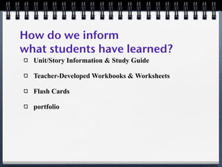 How do we inform
what students have learned?
  Unit/Story Information & Study Guide

  Teacher-Developed Workbooks & Worksheets

  Flash Cards

  portfolio
 