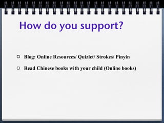 How do you support?

Blog: Online Resources/ Quizlet/ Strokes/ Pinyin

Read Chinese books with your child (Online books)
 