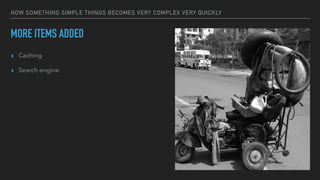 HOW SOMETHING SIMPLE THINGS BECOMES VERY COMPLEX VERY QUICKLY
MORE ITEMS ADDED
▸ Caching
▸ Search engine
 