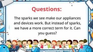 The sparks we see make our appliances
and devices work. But instead of sparks,
we have a more correct term for it. Can
you guess?
Questions:
 