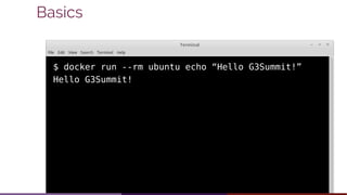 $ docker run --rm ubuntu echo “Hello G3Summit!”
Hello G3Summit!
Basics
 