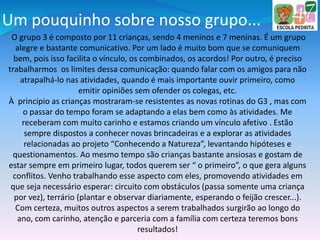 Um pouquinho sobre nosso grupo...
O grupo 3 é composto por 11 crianças, sendo 4 meninos e 7 meninas. É um grupo
alegre e bastante comunicativo. Por um lado é muito bom que se comuniquem
bem, pois isso facilita o vínculo, os combinados, os acordos! Por outro, é preciso
trabalharmos os limites dessa comunicação: quando falar com os amigos para não
atrapalhá-lo nas atividades, quando é mais importante ouvir primeiro, como
emitir opiniões sem ofender os colegas, etc.
À principio as crianças mostraram-se resistentes as novas rotinas do G3 , mas com
o passar do tempo foram se adaptando a elas bem como às atividades. Me
receberam com muito carinho e estamos criando um vínculo afetivo . Estão
sempre dispostos a conhecer novas brincadeiras e a explorar as atividades
relacionadas ao projeto “Conhecendo a Natureza”, levantando hipóteses e
questionamentos. Ao mesmo tempo são crianças bastante ansiosas e gostam de
estar sempre em primeiro lugar, todos querem ser “ o primeiro”, o que gera alguns
conflitos. Venho trabalhando esse aspecto com eles, promovendo atividades em
que seja necessário esperar: circuito com obstáculos (passa somente uma criança
por vez), terrário (plantar e observar diariamente, esperando o feijão crescer...).
Com certeza, muitos outros aspectos a serem trabalhados surgirão ao longo do
ano, com carinho, atenção e parceria com a família com certeza teremos bons
resultados!
 