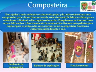 Composteira
Para ajudar o meio ambiente os alunos do grupo 3 da tarde construíram uma
composteira para a horta da nossa escola, com a intenção de fabricar adubo para a
nossa horta e diminuir o lixo orgânico da escola,. Pesquisamos na internet como
seria a fabricação e o funcionamento da composteira, fizemos uma palestra para
explicar para os amigos das outras turmas como a composteira funciona, e
cuidaremos dela durante o ano.
Confecção da
composteira
Palestra de explicação Funcionamento
 