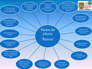 Partes da
planta
“Raízes”
Iniciamos a nossa
pesquisa
contando a
história do grande
rabanete
Desenhamos raízes
em uma folha e com
areia e tinta fizemos
uma linda colagem e
pintura
Pesquisamos na
internet diversos
tipos de raízes
Fizemos um
cartaz com raízes
comestíveis
Assamos batata
na fogueira
Fomos ao
mercado comprar
raízes
Saímos pela
escola a procura
de raízes
Fizemos um
delicioso bolo de
batata doce
Podemos ver no
nosso terrário as
raízes de uma
planta
Fomos no tanque de
areia e imaginamos
que nosso pé eram
raízes
Conhecemos sobre
os benefícios do
inhame
Experimentamos o
inhame
Selecionamos quais
as raízes preferidas
pela turma
(cenoura)
Em nossa horta
vimos raízes de
diversas plantinhas
Experimentamos
chá de gengibre
as crianças
adoraram
 