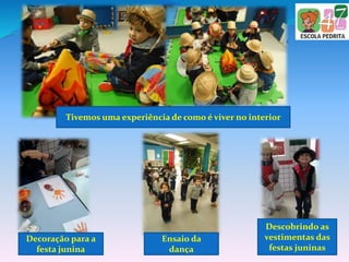 Tivemos uma experiência de como é viver no interior
Decoração para a
festa junina
Ensaio da
dança
Descobrindo as
vestimentas das
festas juninas
 