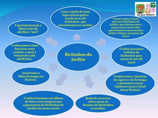 Bichinhos do
Jardim
Com a ajuda de uma
lupa saímos pela a
escola atrás de
bichinhos que
encontramos no jardim
Fomos a praça Canaã
procurar bichinhos de
jardim, percebemos que a
praça estava muito suja
aproveitamos o passeio para
ajudar e limpar um pouco da
praça
Confeccionamos
enfeites de
bichinhos para
nossa árvore de
natal
Conhecemos a história
da cigarra e da formiga,
e pensamos novas
hipóteses para o final
dessa história
Roda de conversa
sobre quais as
funções do bichinhos
no jardim.
Confeccionamos um álbum
de fotos com imagens que
capturamos de bichinhos de
jardim da nossa escola
Assistimos o
filme formigas na
floresta.
Conhecemos como
funciona uma
coméia, e qual a
função de cada
abelhinha.
Experimentaram a
fabricação da
abelha o “mel”.
 