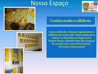 Nosso Espaço
Conhecendo o alfabeto
Com a ajuda das crianças organizamos o
alfabeto em nossa sala, todos ajudaram a
colocar as letrinhas no lugar certo.
Depois fomos colando fotos das crianças
de acordo com o som/letra inicial !
Foi muito interessante!
 