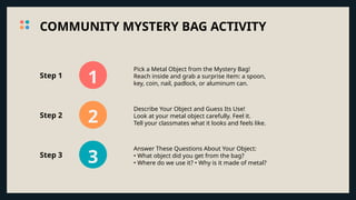 COMMUNITY MYSTERY BAG ACTIVITY
1
2
3
Step 1
Step 2
Step 3
Pick a Metal Object from the Mystery Bag!
Reach inside and grab a surprise item: a spoon,
key, coin, nail, padlock, or aluminum can.
Describe Your Object and Guess Its Use!
Look at your metal object carefully. Feel it.
Tell your classmates what it looks and feels like.
Answer These Questions About Your Object:
• What object did you get from the bag?
• Where do we use it? • Why is it made of metal?
 