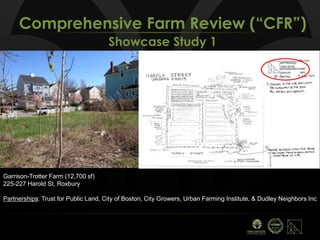 Comprehensive Farm Review (“CFR”)
Showcase Study 1
Garrison-Trotter Farm (12,700 sf)
225-227 Harold St, Roxbury
Partnerships: Trust for Public Land, City of Boston, City Growers, Urban Farming Institute, & Dudley Neighbors Inc
 