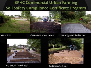 Vacant lot Site
Not included in the
current RFP.
BPHC Commercial Urban Farming
Soil Safety Compliance Certificate Program
Construct raised beds
Install geotextile barrier
Site
Add imported soil
Clear weeds and debris Sit
 