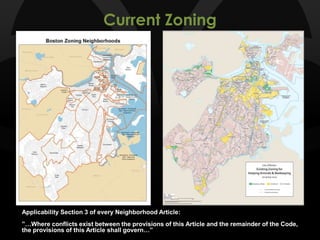 Current Zoning
Applicability Section 3 of every Neighborhood Article:
”…Where conflicts exist between the provisions of this Article and the remainder of the Code,
the provisions of this Article shall govern…”
 