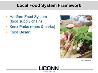 Local Food System Framework
• Hartford Food System
(food supply chain)
• Knox Parks (trees & parks)
• Food Desert
Photo © Sara C. Bronin.
 