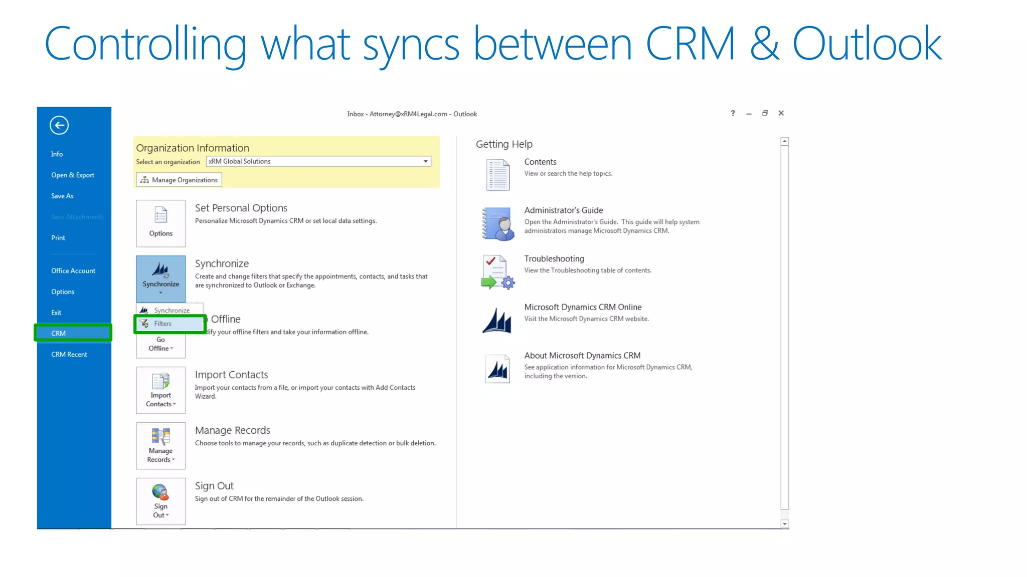 Controlling what syncs between CRM & Outlook  