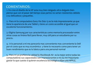 COMENTARIOS:
1.-Yo creo el diseño de la HP esta muy bien delgado ultra delgado bien
pienso que con el pasar del tiempo esas partes no serian resistentes debido
a su delicadeza y pequeñas.
2.- Para mi la computadora Sony Vio Dúo 13 es la más impresionante ya que
tiene la apariencia de una Tablet y tiene un costo accesible al igual que un
excelente funcionamiento.
3.-Eligiria Samsung por sus características como memoria procesador entre
otras cosas es liviana fácil para llevar, muy útil para un estudiante por su
precio.
4.- A lo personal a mí me parecería mas conveniente mas conveniente la Dell
por el costo que es muy económico y tiene lo necesario como para tener un
buen rendimiento que es lo básico para una personal normal
5.- Para mi yo prefiero la calidad la Mackbook Air es la mejor entre todas las
computadoras sus capacidades son impresionantes a mi no me importaría
gastar lo que cueste si quieren excelencia tecnológica elijan una APPLE.
 